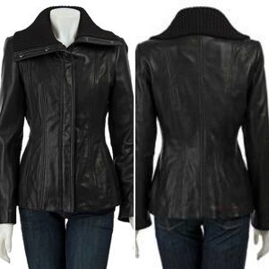 Avanti Leather Knit Collar Moto Jacket, Small